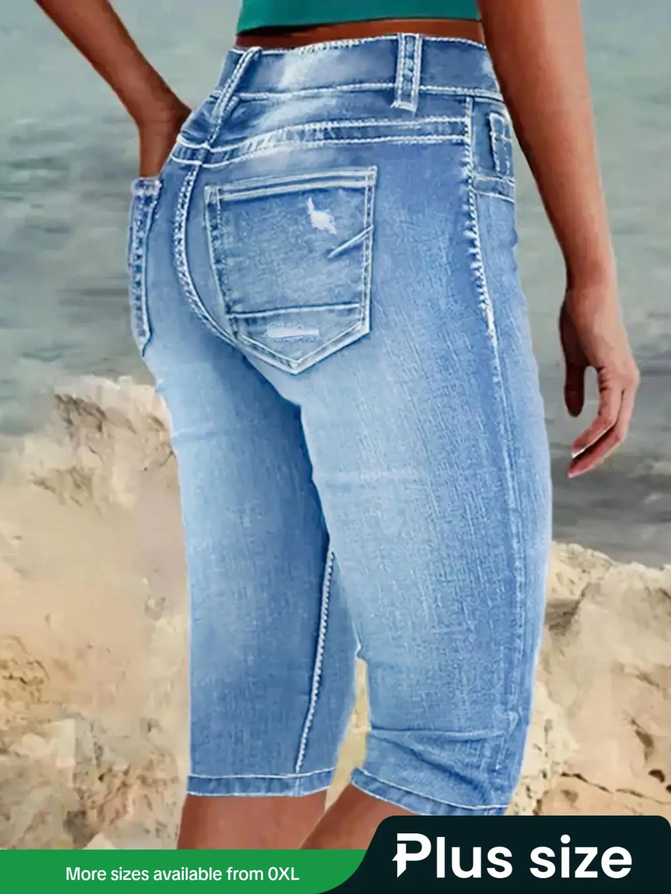 【Plus Size】 Solid Color Capris Jeans, Casual Fashion Pocket Button Fly Capris Denim Pants for Daily Wear, Women's Bottoms for All Seasons