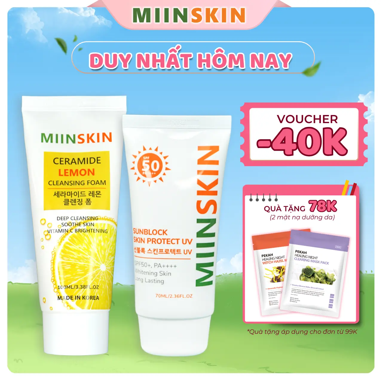 COMBO Sữa rửa mặt và kem chống nắng MIINSKIN