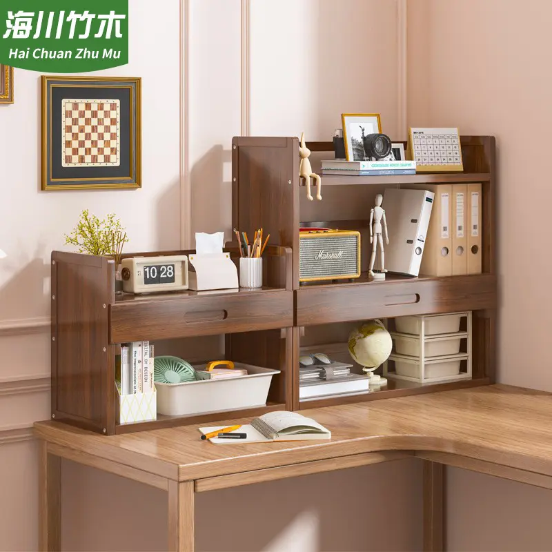 Desktop bookshelf solid wood with drawer rack, office workstation multi-layer storage rack, household student desk organizer rack