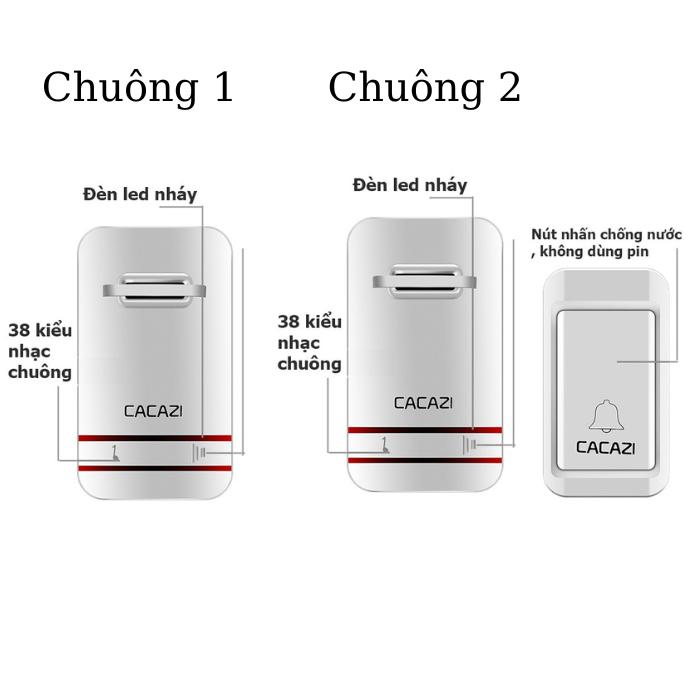 Bộ chuông cửa cao cấp không dây không pin Cacazi - Phân loại 2 chuông 1 nút bấm chống nước