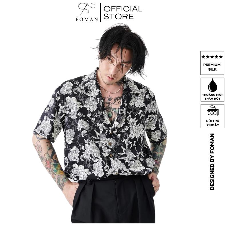 Áo sơ mi nam hoạ tiết Hoa Mẫu Đơn Peony FOMAN tay ngắn vải lụa thoáng khí không nhăn thấm hút FM26 đầy màu sắc áo sơ mi bình thường