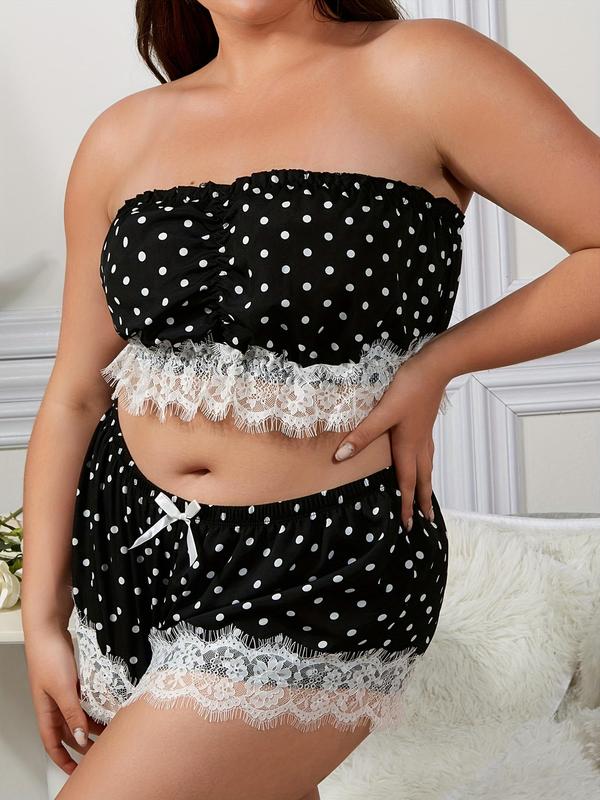 Plus Size Two-piece Set Polka Dot Print Contrast Lace Pyjama Set, Fashion Ruched Tube Top & Bow Front Shorts, Women's Two-piece Sleepwear Set for Summer 5
