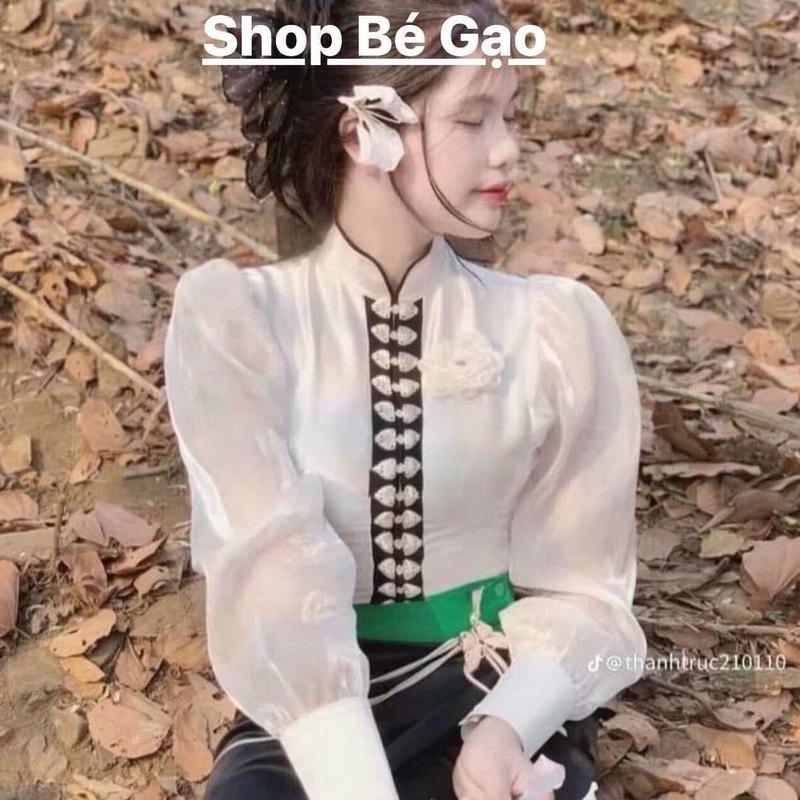  Áo Cóm Cổ Đứng Phi Bóng Trắng Tay Tơ Dài  Áo Cóm Dân Tộc 