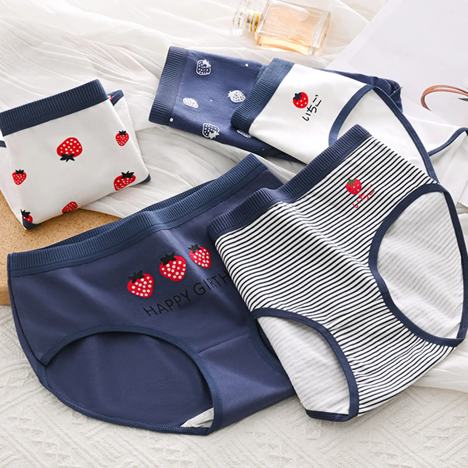 Women Panties Mid Waist Cartoon Strawberry Print Soft Breathable Stretchy Anti-septic Japanese Style Casual Daily Sports Underpants Lady Briefs