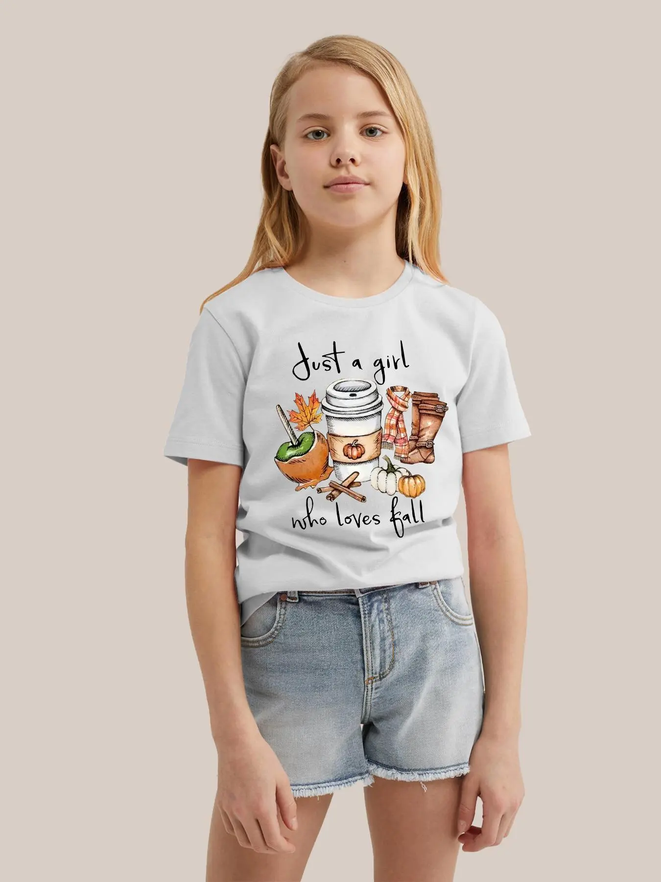 Girl's Cartoon Autumn Series & Letter Print Round Neck Tee, Fashion Casual Short Sleeve T-shirt for Daily Wear, Kids Clothing for Summer