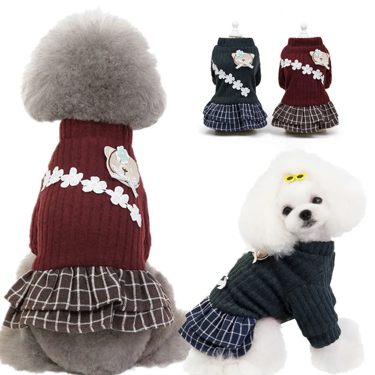 Pet Clothes for Small Dogs, Autumn and Winter, Two-Legged, Fleece-Lined, Thickened Cotton Skirt, Bear, Flower, Teddy, Warm Cotton Jacket Wholesale