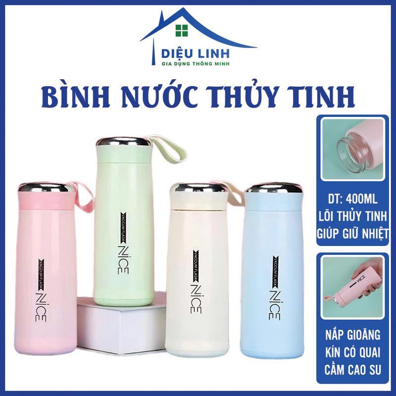 DIệu Linh Bình Nước Thủy Tinh Bọc Nhựa Nice 400ml - Chai Vỏ Nhựa Lõi Thủy Tinh 2 Lớp Cách Nhiệt Có Móc Treo Tramanhshop - Thiết Kế Thời Trang & Tiện Dụng