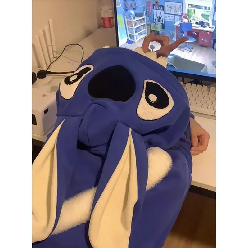 Áo len Stitch Big Ears Áo nữ có thiết kế đẹp dáng rộng ngoại cỡ Mùa thu và mùa đông lót lông cừu dày dặn có khóa kéo