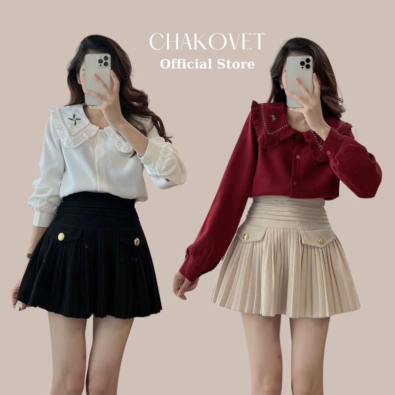 Áo sơ mi nhung dài tay kiểu dáng cổ bèo nhọn A8768,áo thiết kế thêu hoa xinh xắn phong cách vintage thanh lịch cao cấp vui chơi Noel - CHAKOVET