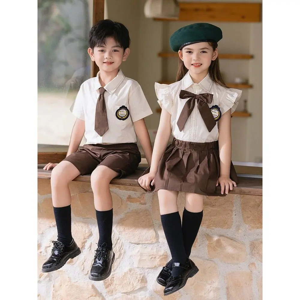 2025 Summer British Style Short-Sleeved Shirt Suit Boys and Girls Garden Clothes Kindergarten Primary School Students Class and School Uniforms Performance Costumes
