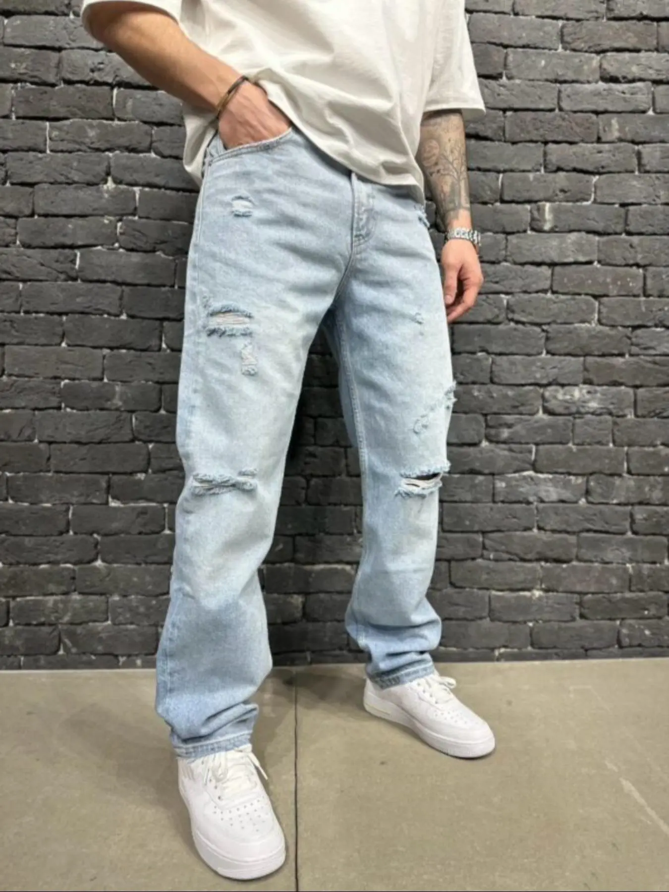 Men's Ripped Button Fly Straight Leg Jeans, Loose Casual Comfy Washed Denim Pants for Daily Wear, Straight Leg Jeans, Woven Bottoms for All Seasons, Mens Jeans, Trousers, Cotton