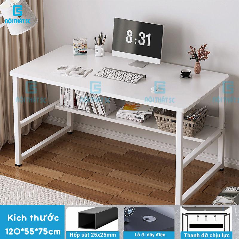 Bàn học, bàn làm việc kèm kệ lửng chân sắt sơn tĩnh điện 25x25cm, kèm lỗ đi dây điện, mặt bàn bo góc phù hợp mọi lứa tuổi [Nội Thất 5C]