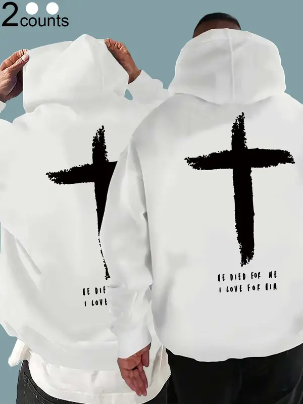 Men's Cross Print Pocket Drawstring Hoodie, Regular Fit Casual Long Sleeve Hooded Sweatshirt, Men's Fall & Winter Clothes for Daily Wear 3