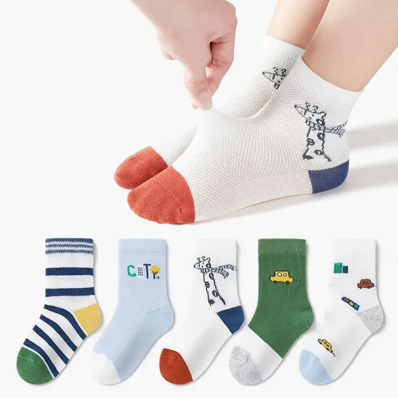 Tất Trẻ Em Mùa Hè, 5 Đôi, Thiết Kế Sọc Hoạt Hình, Vớ Lưới Thoáng Khí, Dành Cho Trẻ Em, Phong Cách Thường Ngày Thích Hợp Cho Bé Trai Và Bé Gái, Tất Ống Giữa 0