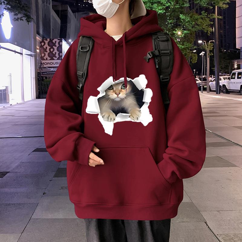 Áo nỉ mèo lỗ thương hiệu hợp thời trang cộng với kích thước mũ trùm đầu lỏng lẻo giản dị-0141 hoodie hình đơn Voi Nữ