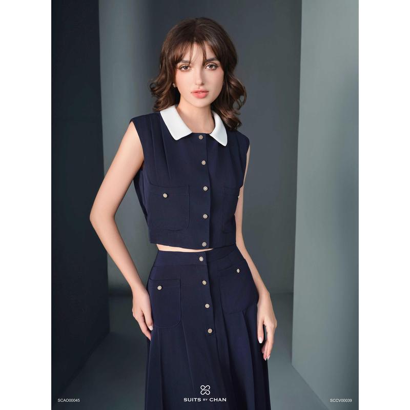 SUITS BY CHAN - Áo cổ sen phối nút, Váy dài xếp li dáng A - SCAO00045 SCCV00039 Nữ Women 1