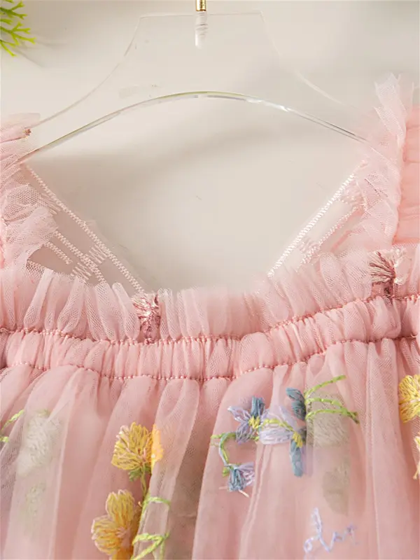 Baby Girl's Floral Embroidery Tulle Dress, Cute Butterfly Sleeve Dress for Party, Infant Toddler Kids Summer Clothes 5