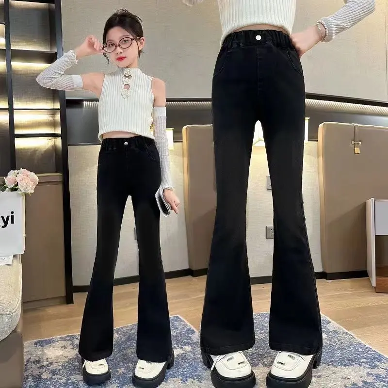 Quần Dài Jean Bé Gái, Bộ Sưu Tập Xuân Thu 2024, Quần Ống Loe, Quần Dài Trẻ Em, Dành Cho Trẻ Em Trung Bình Và Lớn, Ôm Sát, Quần Co Giãn, Thiết Kế Sừng Siêu Nhỏ