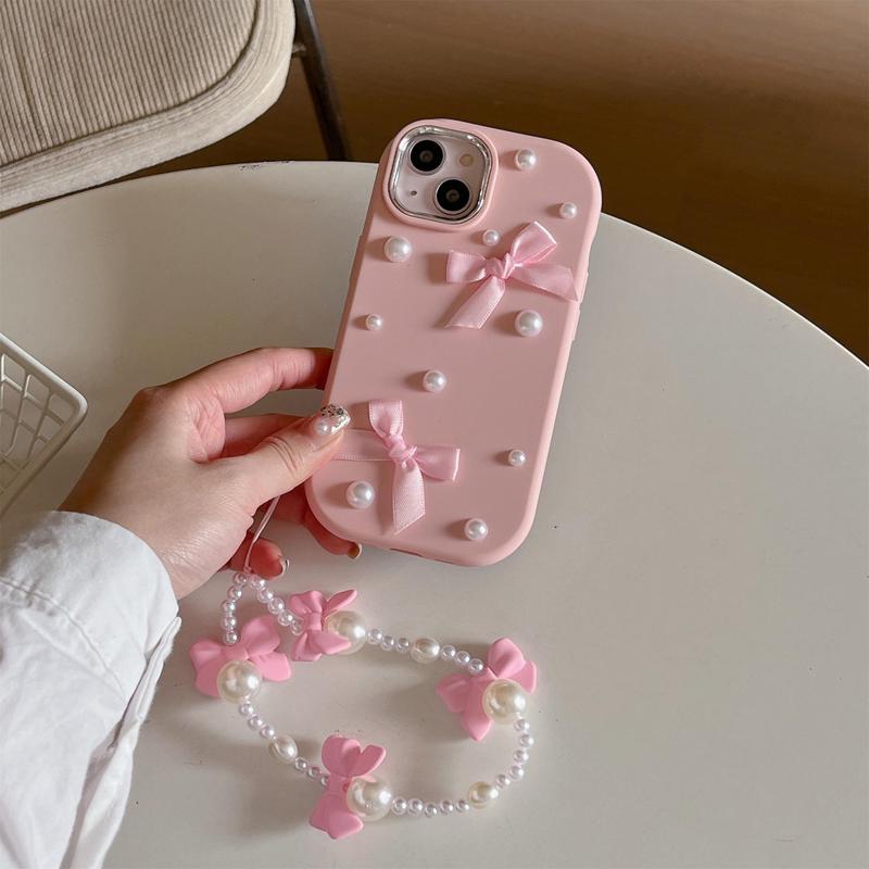 Product Introduction of Bowknot Decor Phone Case with Faux Pearl Beaded Lanyard, Cute Fashion Phone Protective Case, Full Coverage Shockproof Phone Cover Compatible with iPhone 15 14 13 ProMax 7