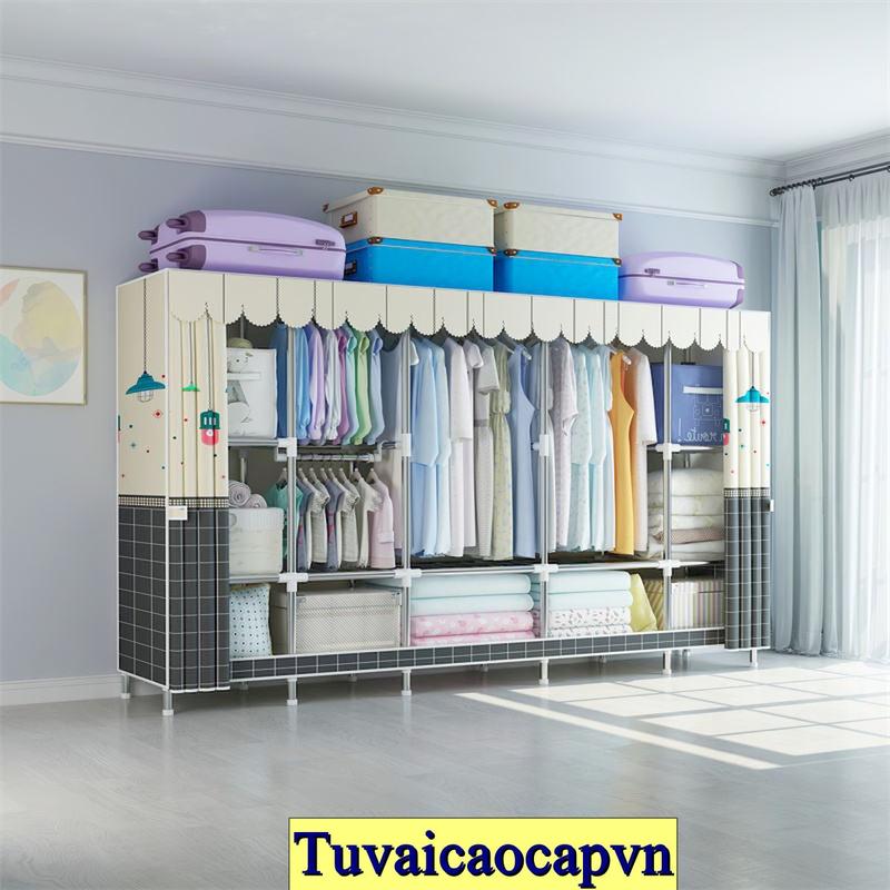 Tủ Đựng Quần Áo Tủ Vải Khung Thép Titan 4 Buồng 8 ngăn Gấp Gọn Đa Năng Treo Quần Áo Vải Cotton
