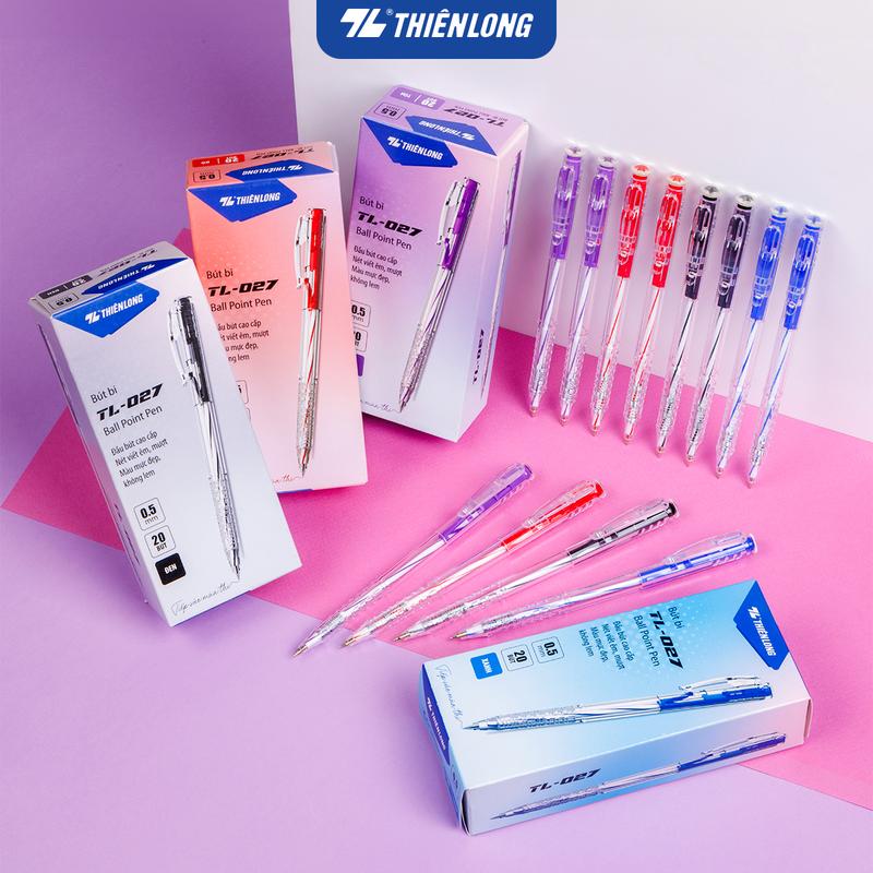 Hộp 20 Cây Bút bi Thiên Long TL-027 mực xanh đỏ đen tím ngòi 0.5mm dạng bấm cò nét đều dành cho học sinh văn phòng