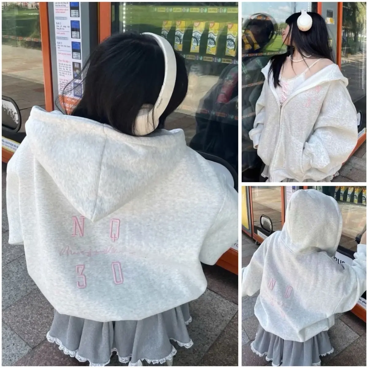 Hot 2025 Áo Hoodie Zip Thêu Chữ Hồng Nam Nữ Form Thụng Thêu Áo Khoác Nỉ Form Rộng Phong Cách Trẻ Hàn Quốc Top