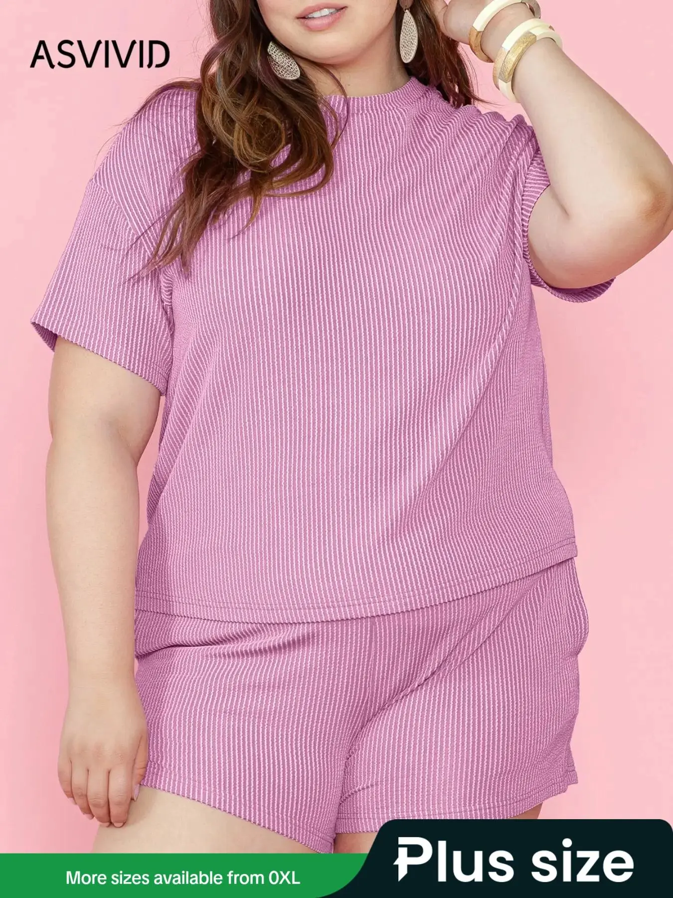 【Plus Size】 Two-Piece Set Solid Drop Shoulder Tee & Elastic Waist Shorts, Casual Fashion Cozy Round Neck Short Sleeve T-shirt & Shorts for Daily Outdoor Wear, Women's Two-piece Outfits for Summer