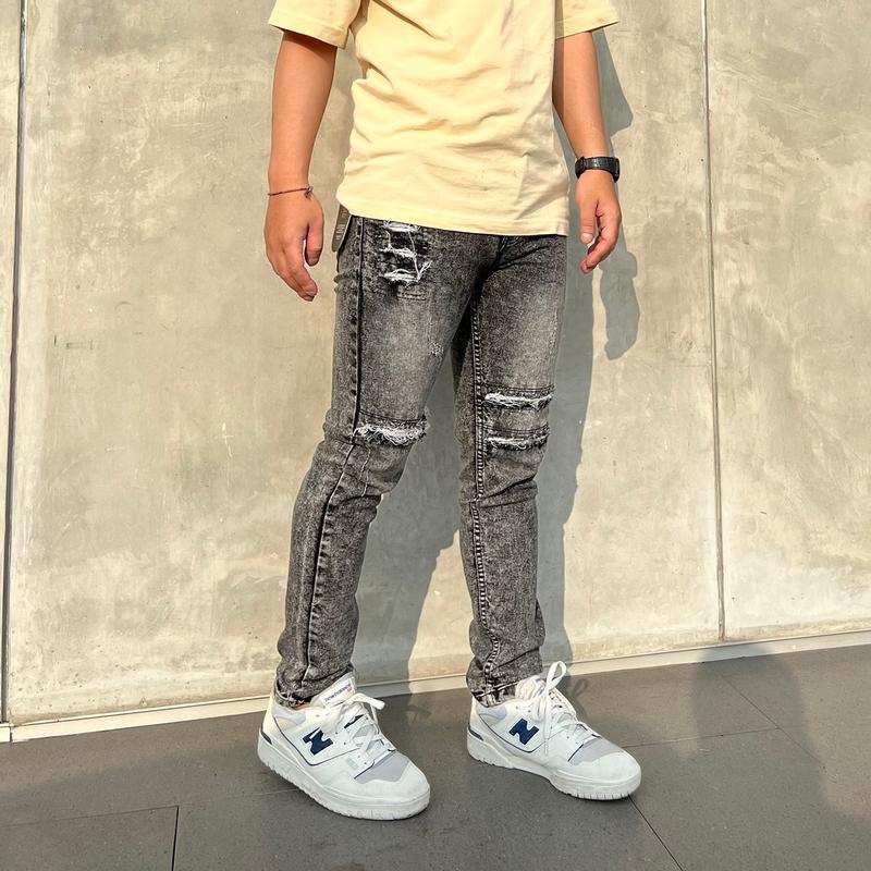 Celana jeans denim pria motif sobek straigh slim ripped Stretch Panjang Fit Slimfit Skinny 5