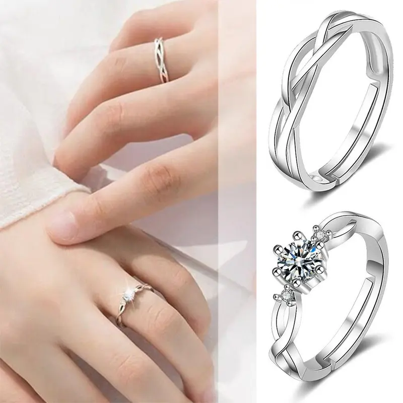 Nhẫn Ngón Tay Kim Cương Giả, Hợp Kim Đơn Giản, Dành Cho Phụ Nữ Và Nam Giới, Cá Tính, Mở Có Thể Điều Chỉnh Nhẫn Đôi, Phụ Kiện Đám Cưới 2