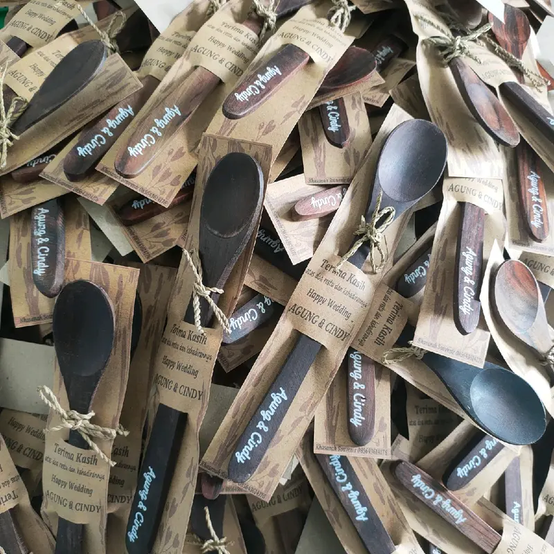 50pcs souvenir sendok kayu panjang 20cm / sendok jus bahan kayu / sendok madu kayu custom sablon 4