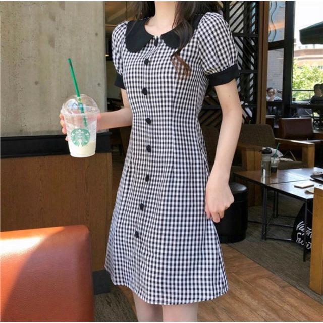 [Blapinkshop] Đầm caro Blapink đầm cổ sen phối màu sọc caro phong cách dễ thương nhí nhảnh 3