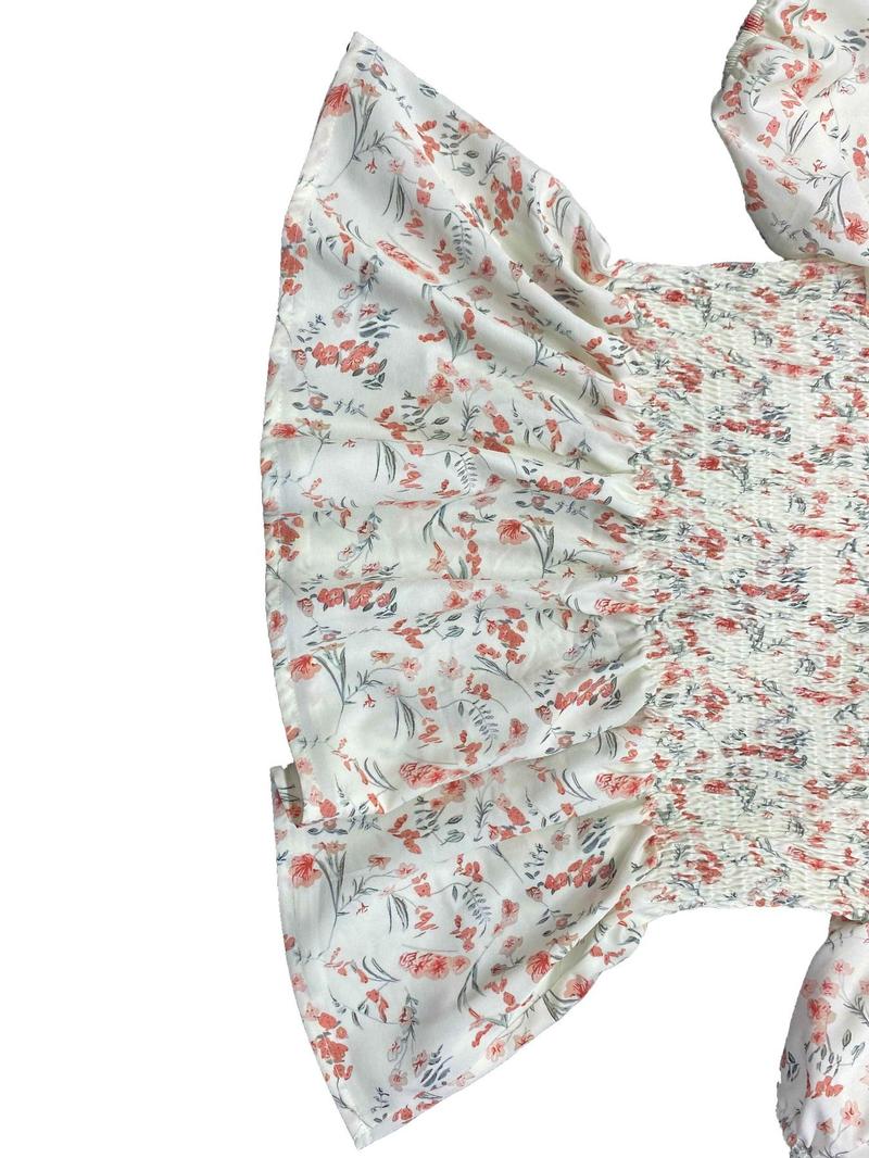 Product Introduction of Women's Ditsy Floral Print Puff Sleeve Blouse, Casual Square Neck Shirred Ruffle Hem Top for Summer, Ladies Clothes for Daily Wear, Womenswear 15