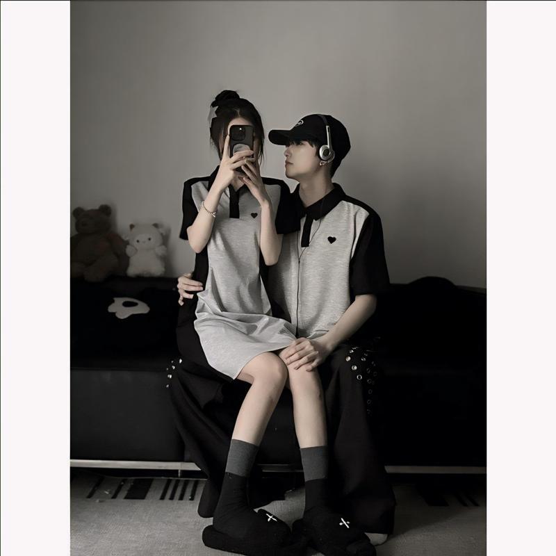 Set thun đôi với người yêu mix xám đen sticker logo trái tim, phù hợp mặc nhà, du lịch, dạo phố Nữ Top Áo Voi Women đồ polo và váy Kem Nhung