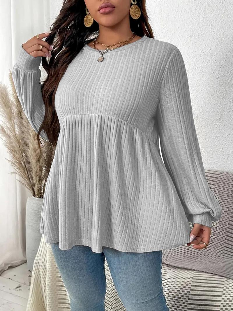 Product Introduction of 【Plus Size】Solid Color Ribbed T-shirts, Casual Long Sleeve Round Neck Top for Daily Wear, Women's Plus Clothing for All Seasons 7