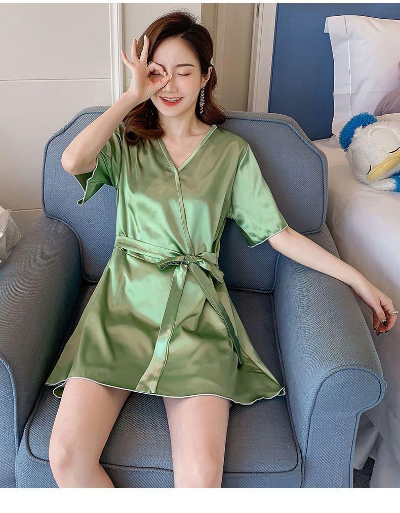 Product Introduction of Pajama women's summer short sleeved two-piece set, ice silk sweet Japanese style can be worn outside, spring and autumn home clothes, summer imitation silk Nightwear Womenswear Lingerie Loungewear Homewear Pjs Basic Minimalist 25