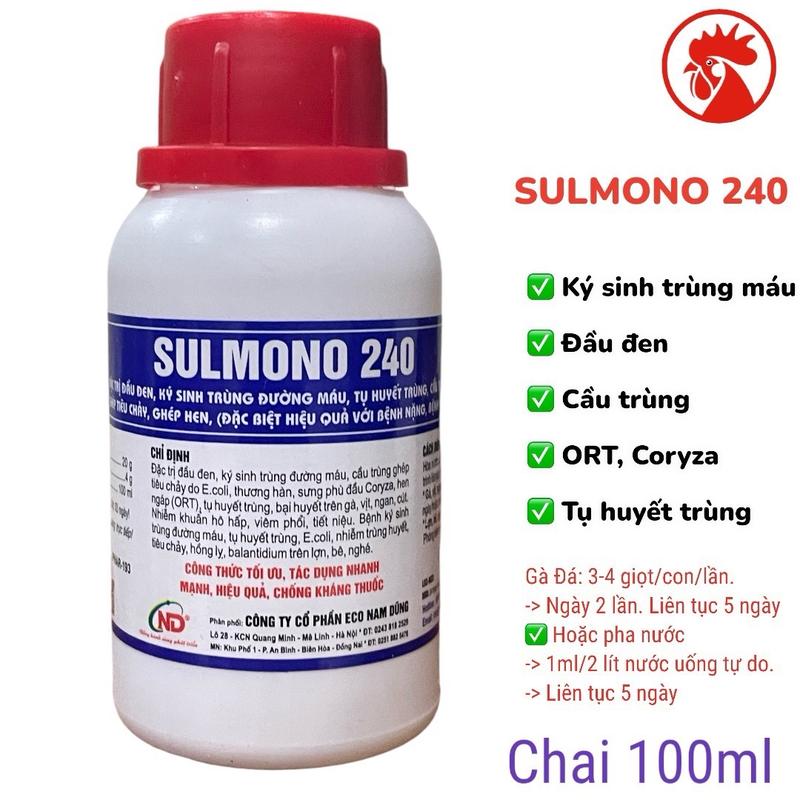 1 chai Sulmono (100ml) uống đặc trị ký sinh trùng máu, cầu trùng ghép ecoli, phân máu tươi, đầu đen, càng ăn càng ốm, teo lườn trên gà đá, gà chọi, gà tre, gà nòi, gia cầm, cút, thỏ, heo, dê. (Dạng lỏng) Sulfamono