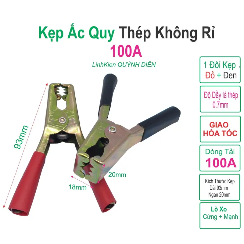 Kẹp ắc quy Acquy 100A Thép Không rỉ (Đỏ + Đen), 93mm, Lò Xo Cực Kì Khỏe. - Linh kiện điện tử QUỲNH DIỄN 0