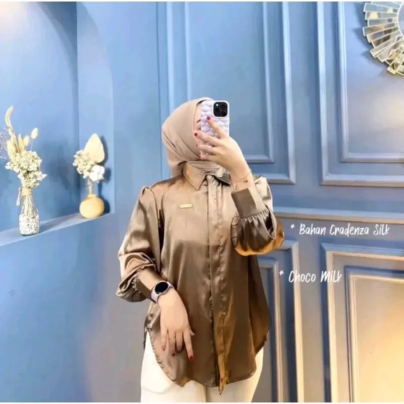 Kemeja shimmer CRADENZA silk grade A.atasan wanita, kemeja wanita lengan panjang Baju Balon 5
