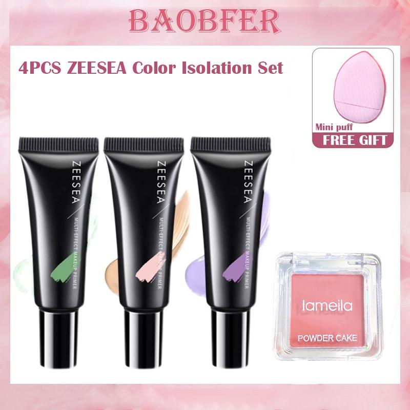 ZEESEA-Kem Lót Mặt, 5 Miếng, Bộ Đế Trang Điểm, Lỗ Chân Lông Vô Hình Tức Thì, Dụng Cụ Chỉnh Màu, Kem Chống Nắng Đường Viền Làm Sáng Dưỡng Ẩm + Má Hồng Nhung Mờ Màu Hồng Đào, Mỹ Phẩm Mặt Với Quà Tặng Miễn Phí, Phấn Phủ Mini 1pc/3pc/5pcs Nữ
