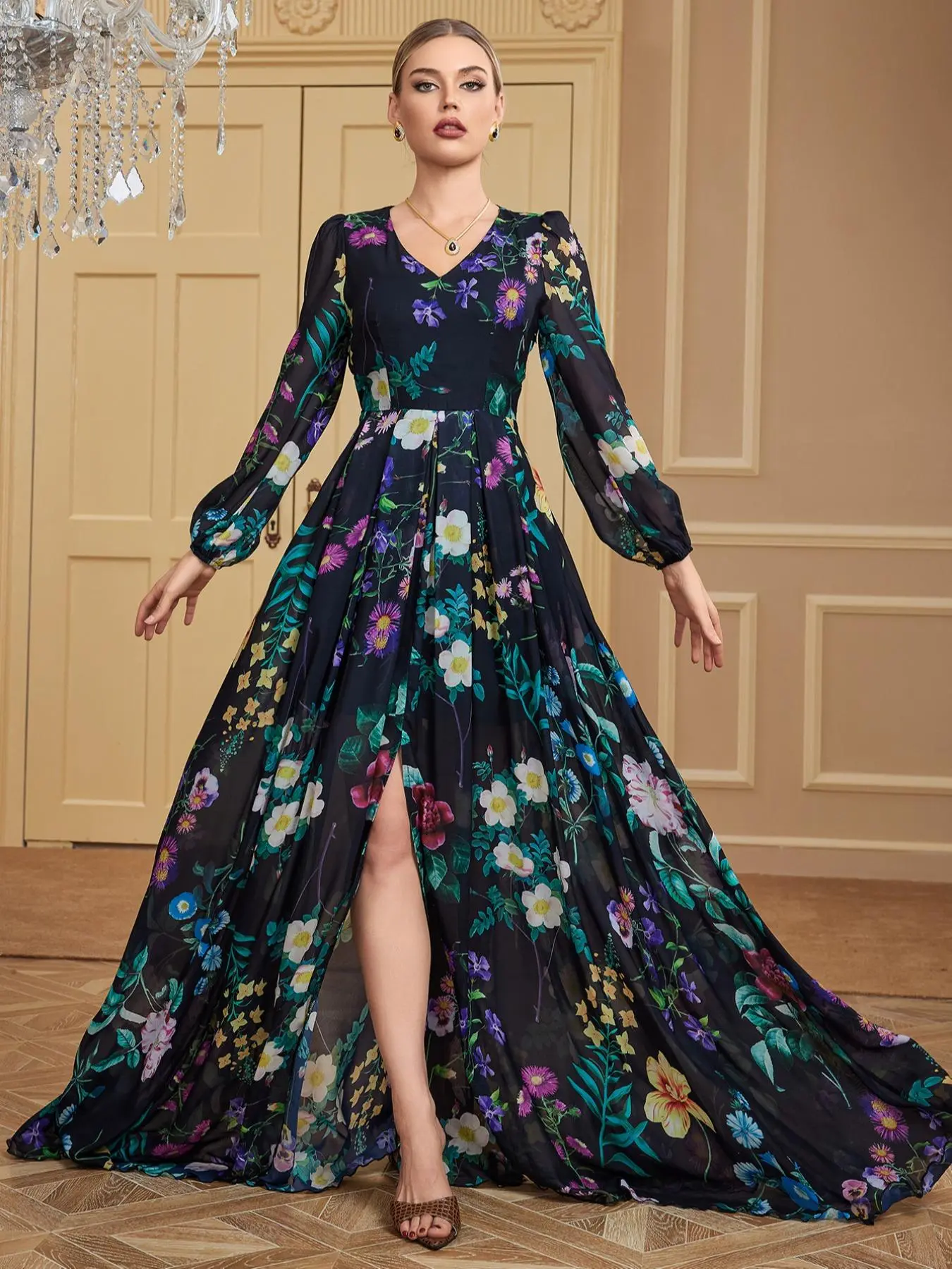 Women's Floral Print Split Thigh A Line Dress, Elegant Bishop Sleeve V Neck Long Sleeve Maxi Dress for Party Holiday Wedding Guest, Ladies Clothes for All Seasons