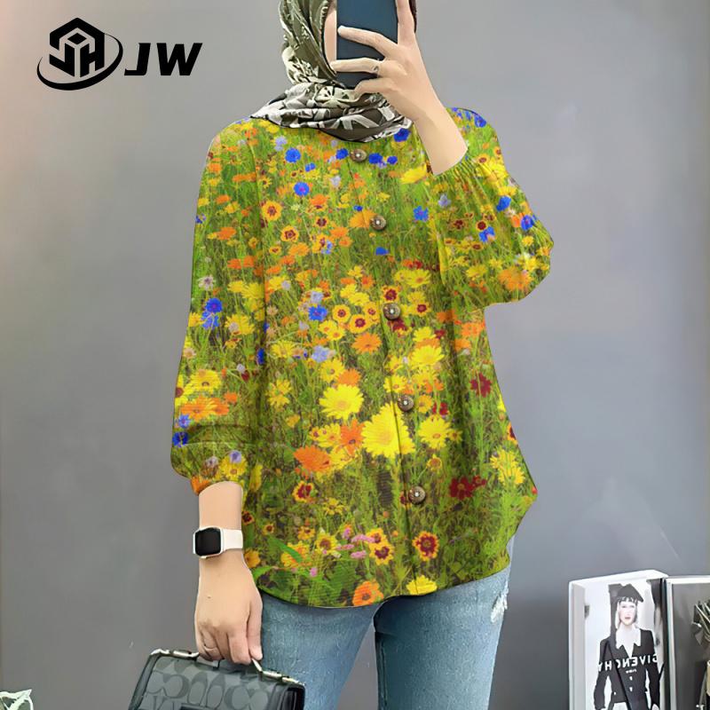 Product Introduction of Women's Muslim shirt elegant and colorful flower oversized loose long sleeved top, beautiful button style affordable and comfortable long sleeved shirt 29