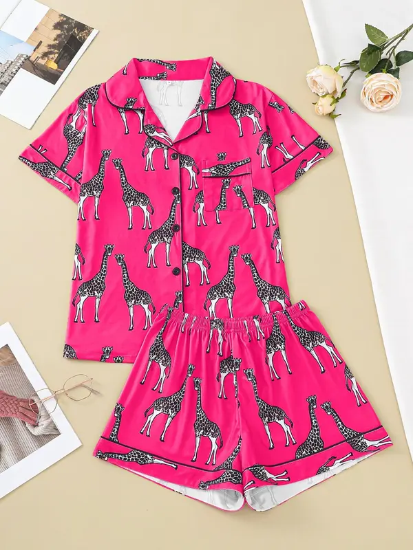 Women's Cartoon Giraffe Print Pyjama Set, Button Front Lapel Shirt Tops & Shorts Loungewear Set, Pjs Pajama Set for Women, Shortsleeve Homewear, Lounge Sets, Hide Tummy Wear Uk, Womenswear, Womens Clothes, Premium Fabric 8