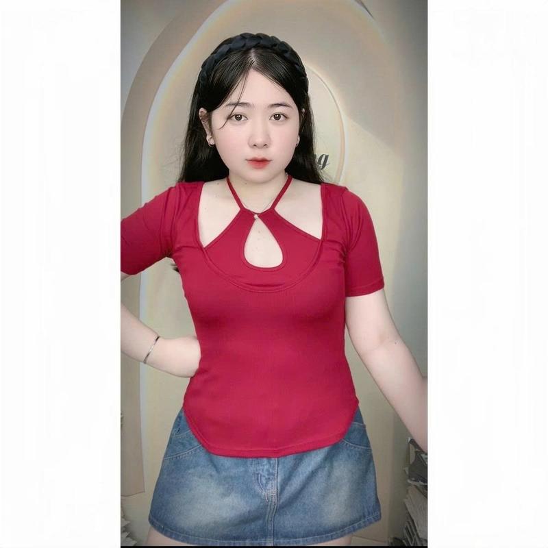 [KORINA] Áo Thun Kiểu Cổ Phối Yếm Khoét Ngực tay ngắn chất thun tăm [TN0207] Top Nữ