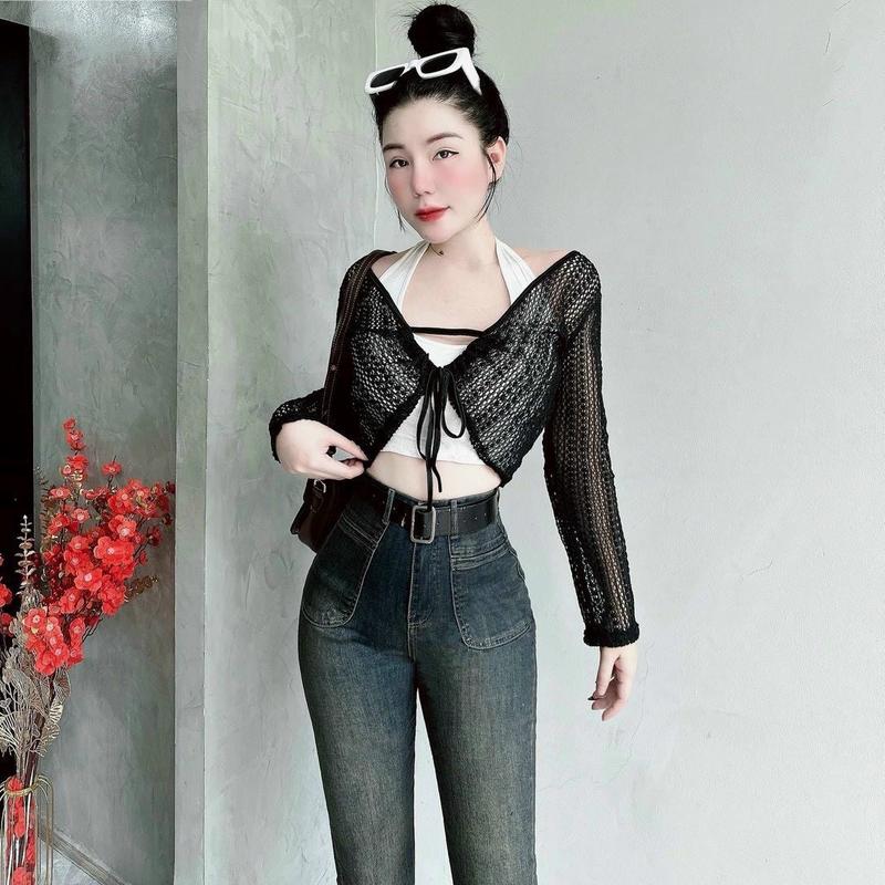 Quần jean loe dài lai cuốn túi đắp co dãn tốt Ống Loe Nữ 1