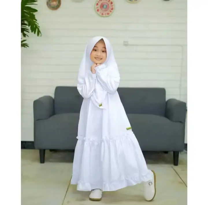 Produk GAMIS ANAK SET HIJAB PEREMPUAN TERBARU  USIA 5-8 TAHUN BAHAN KATUN GAMIS ANAK PEREMPUAN  PLUS KERUDUNG MOTIF RENDA KEKINIAN GAMIS ANAK PUTIH POLOS VARIASI RENDA BORDIR 4
