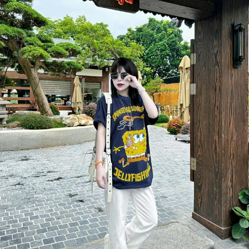 (chất cotton khô) Áo Thun Nam Nữ In hình Bọt biển, phong cách cá tính 0