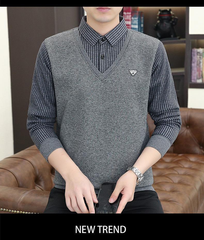 Product Introduction of 2024 Winter Fleece-lined Thickened Integral Velvet Sweater Men's False Two Pieces Knitted Sweater Youth Pu Handsome Men's Shirt Nam Slipper 19