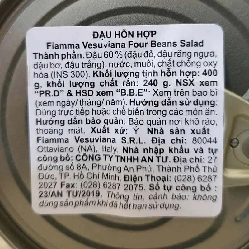 FIAMMA - Lon 400g - ĐẬU HỖN HỢP (đậu đỏ, đậu răng ngựa, đậu bơ, đậu trắng) Ý VESUVIANA Four Beans Salad (HALAL) 1