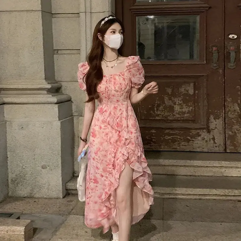 Short Sleeve French Elegant Dress Beach Floral One Piece Beach Midi Dress