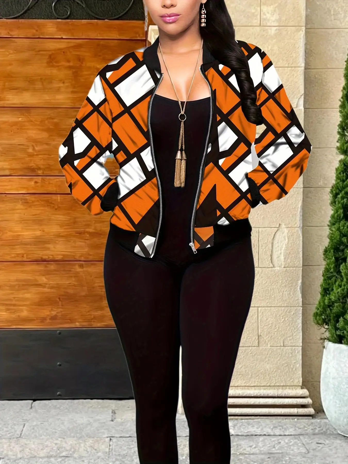Women's All Over Geometric Print Zip Up Jacket, Casual Long Sleeve Pocket Outerwear for Fall & Winter, Baseball Collar Long Sleeve, Ladies Clothes for Daily Wear